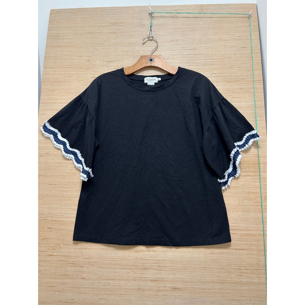Lili Sidonio Molly Bracken Black Ruffle Sleeve T-Shirt M/L Blue White Trim